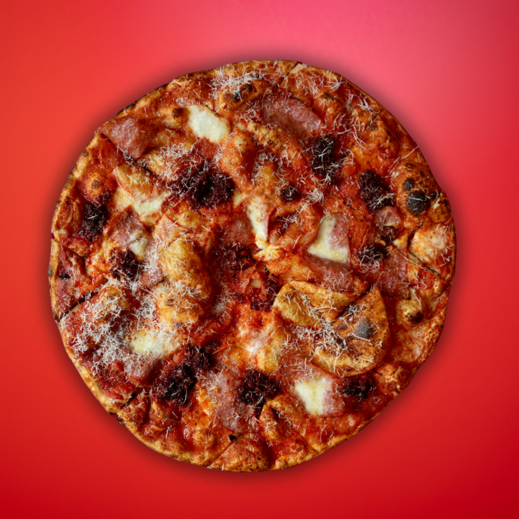 Nduja New Haven pizza on red background