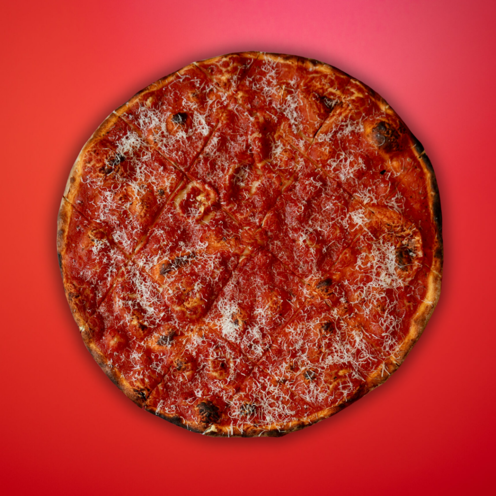 Double marinara and pecorino New Haven pizza on red background