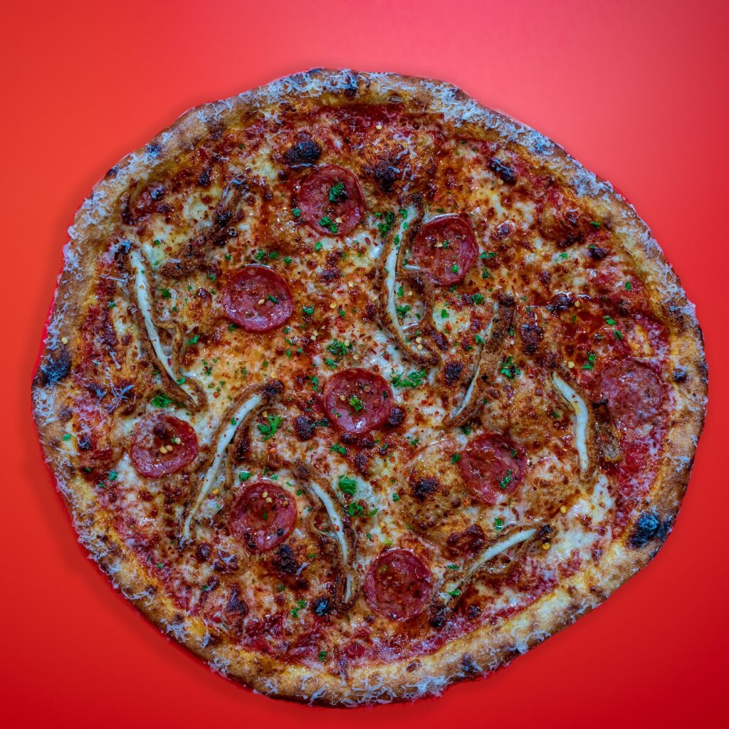 Chicken schtnitzel and pepperoni New York pizza on red background
